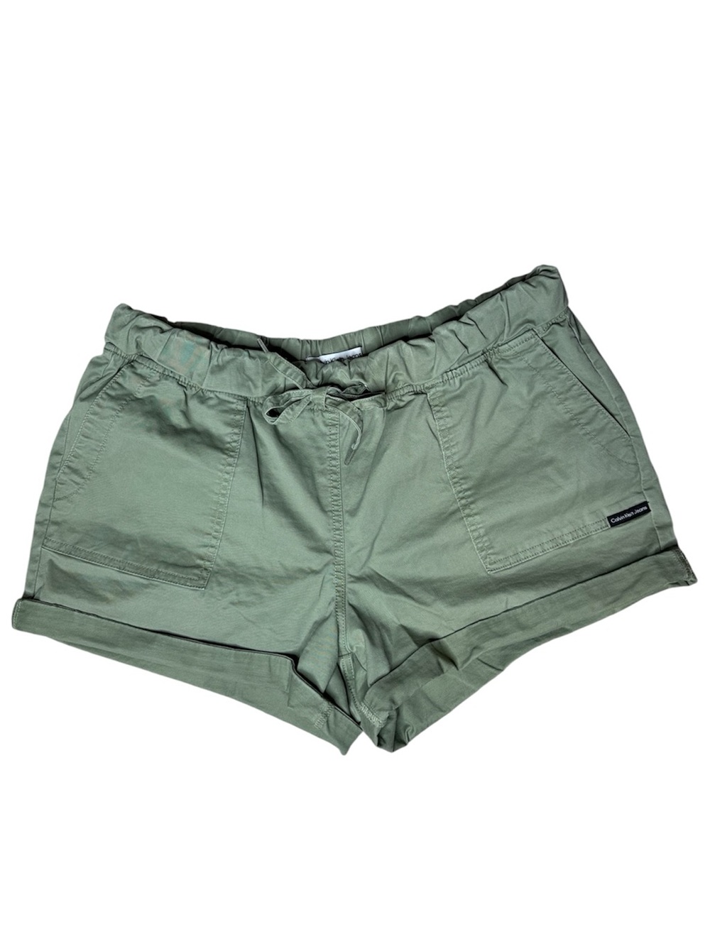 CALVIN KLEIN Green Khaki Shorts Pockets Elastic Waistband Drawstring Size Large
